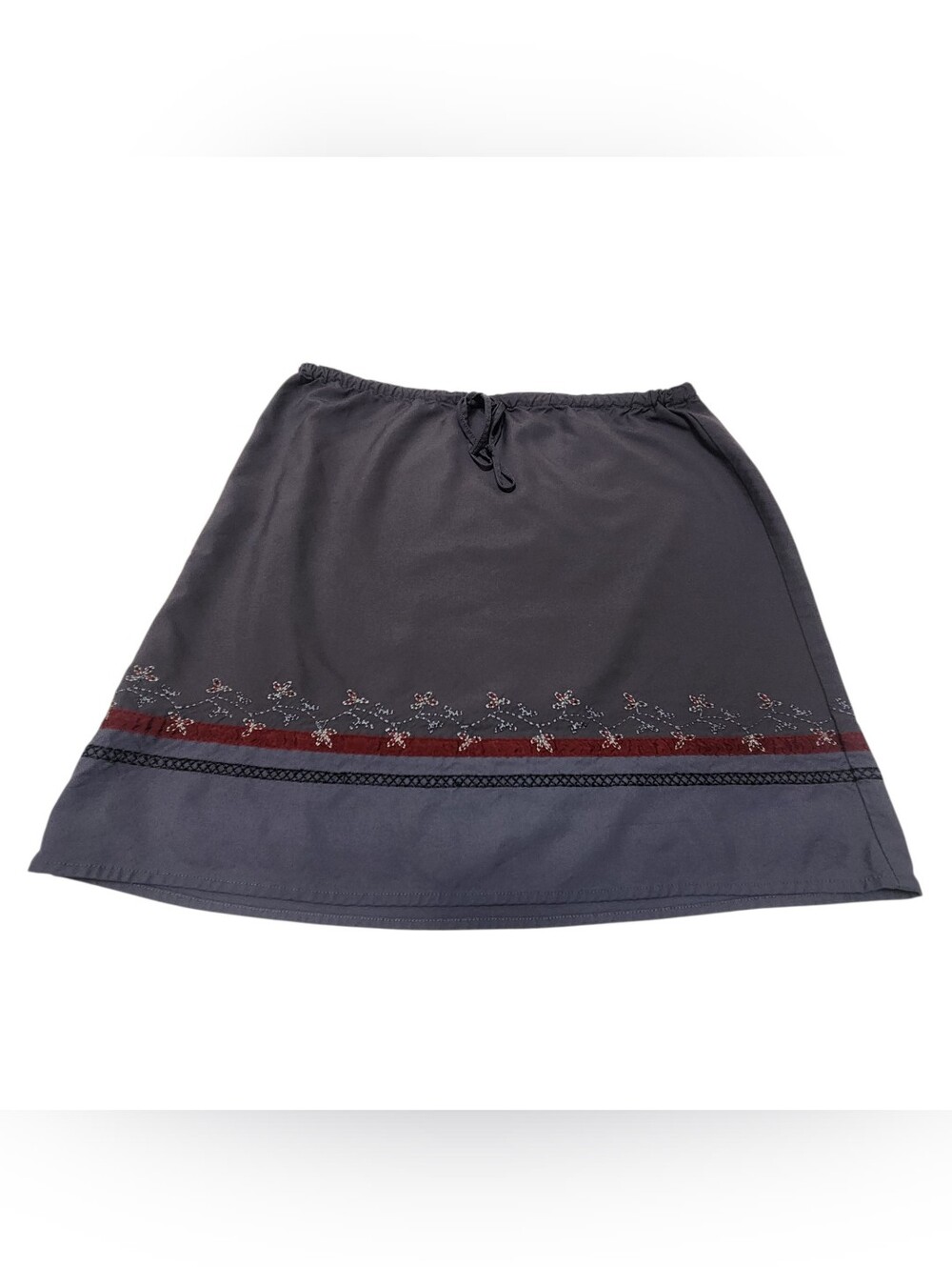 Vtg Eddie Bauer Gray Mini Skirt 90s A- Line Floral Burgundy Accent Whimsigoth